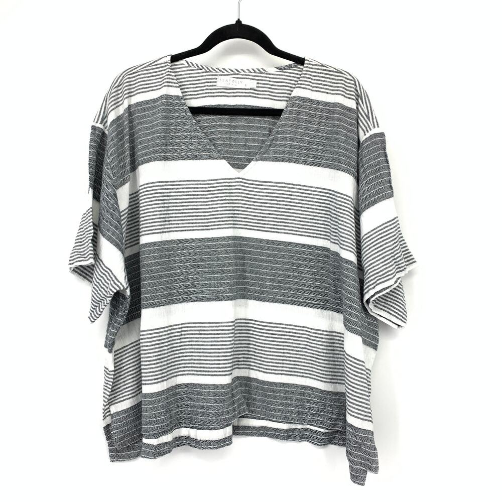 Seafolly Boxy V-Neck Short Sleeve Cotton Top Womens Sz Small Gray White Striped